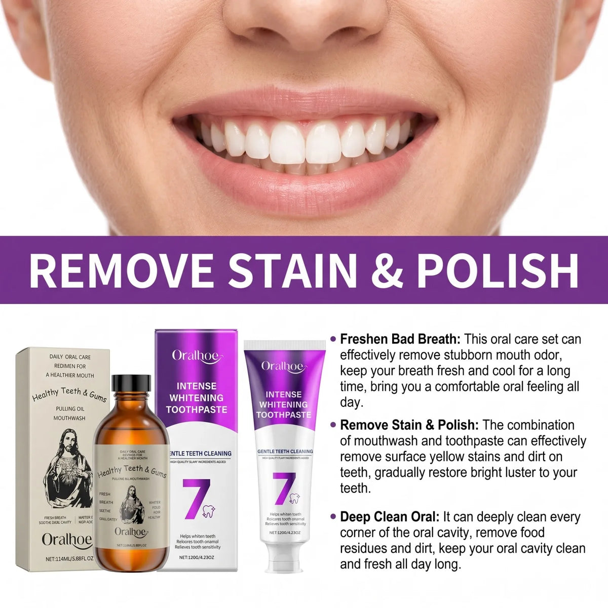Oralhoe BrighteningToothpaste & Pulling Oil Mouthwash Set Stain Removal Fresh Breath Enamel Care Deep Clean for Daily Oral Care