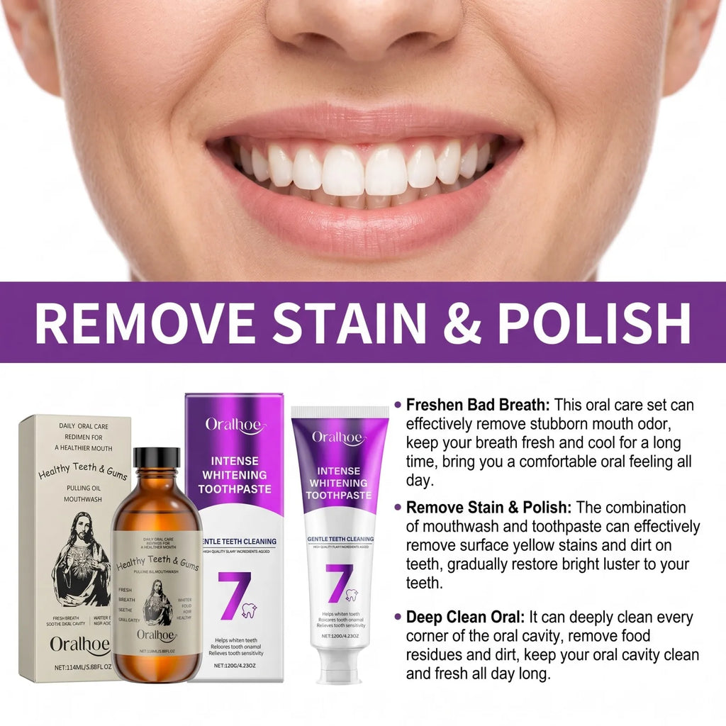 Oralhoe BrighteningToothpaste & Pulling Oil Mouthwash Set Stain Removal Fresh Breath Enamel Care Deep Clean for Daily Oral Care