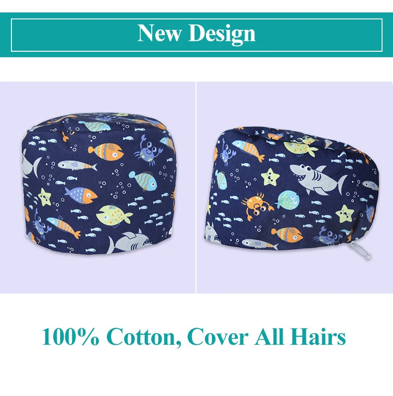 Shark Pattern Scrub Cap for Men Women 100% Cotton Healthcare Surgical Dentist Skullcaps Hospital Working Hats K329