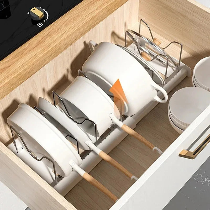 Expandable Kitchen Pot Pan Organizer Under Cabinet with 7 Adjustable Dividers Food Storage Container Lid Storage 1 Pack