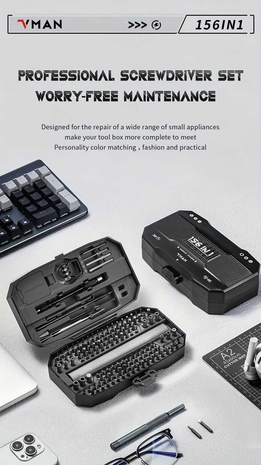 VMAN 156-in-1 Mini Electric Screwdriver Set Precision Repair Tools with Magnetic Phillips Screw Driver Bits for iPhone PC Watch Camera