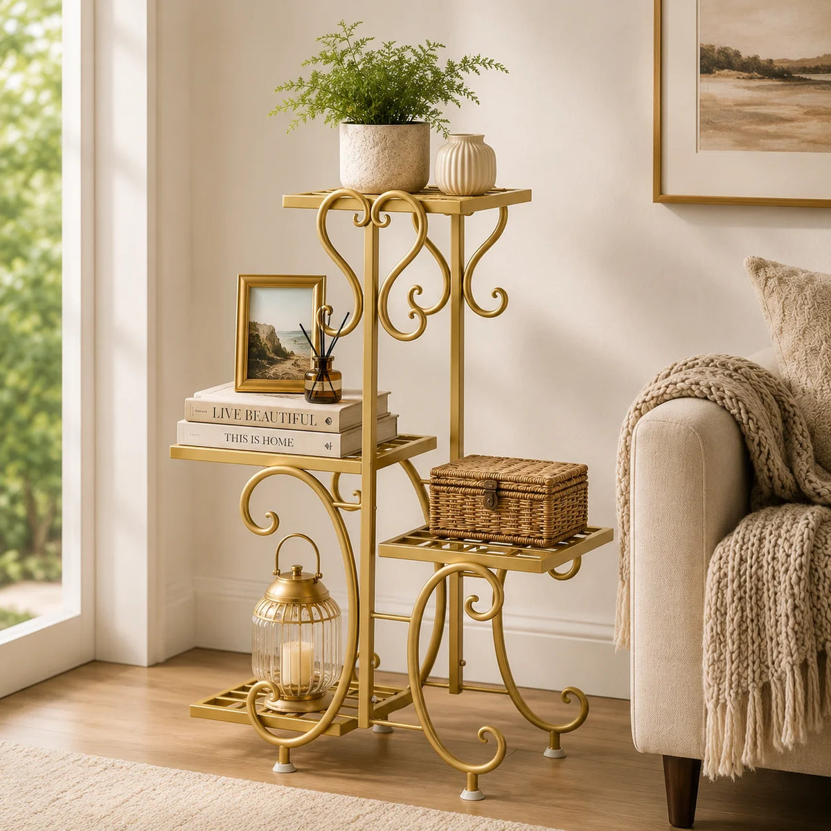 4 Tier Corner Plant Stand Metal Flower Pot Shelf Indoor Outdoor Plant Rack Space Saving Vertical Plant Shelf for Living Room Balcony Patio Garden