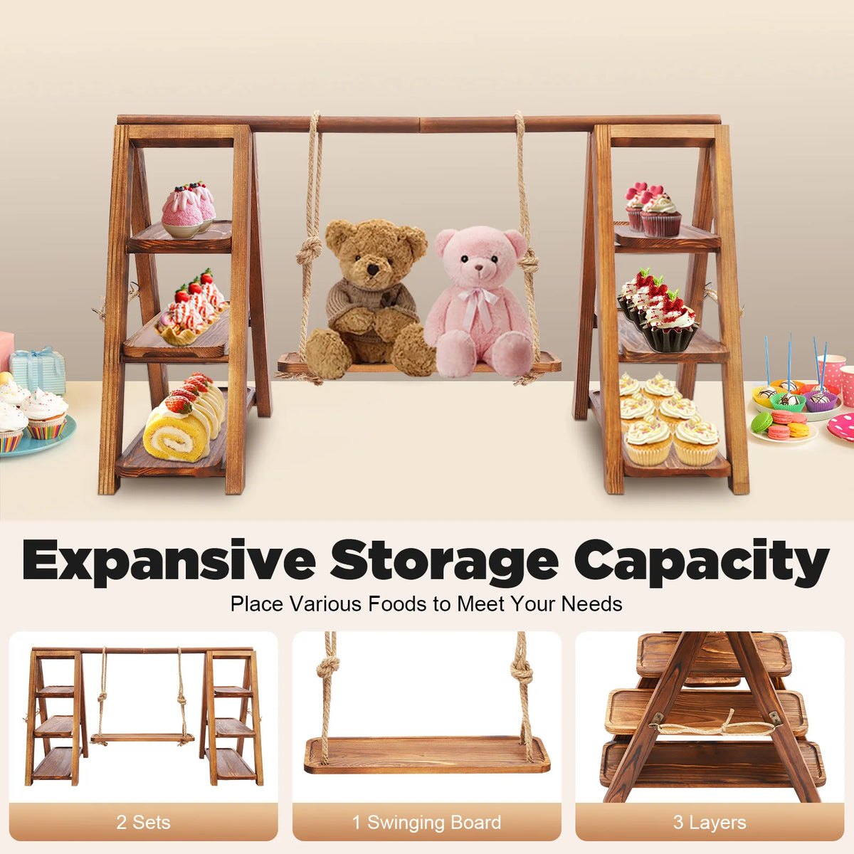3-Tier Solid Wood Dessert Stand 6KG Load Capacity Detachable Wooden Cupcake Display Rack for Wedding Birthday Party