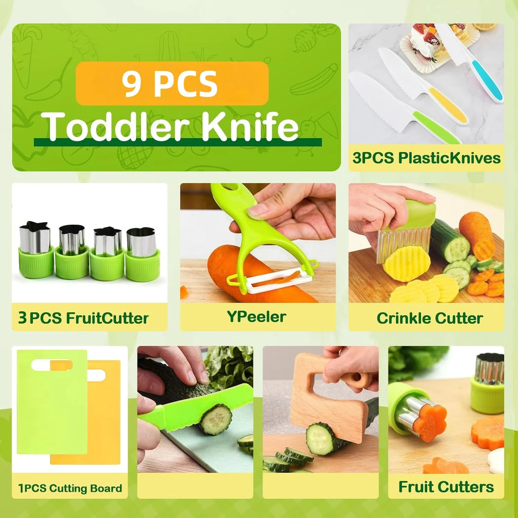 9 Pcs /13 Pcs Kids Kitchen Knife Set, Kids Knives For Real Cooking With Cutting Board, Y Peeler, Crinkle Cutter, Sandwich Cutter, Serrated Edges Plastic Toddler Knife Kid  Knives