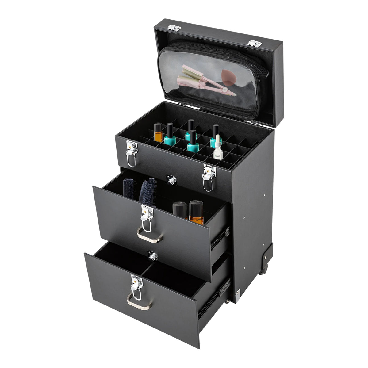 Rolling Makeup Train Case with Wheels, Professional Cosmetic Trolley Lockable Storage, 3-Layer Large Capacity Travel Organizer