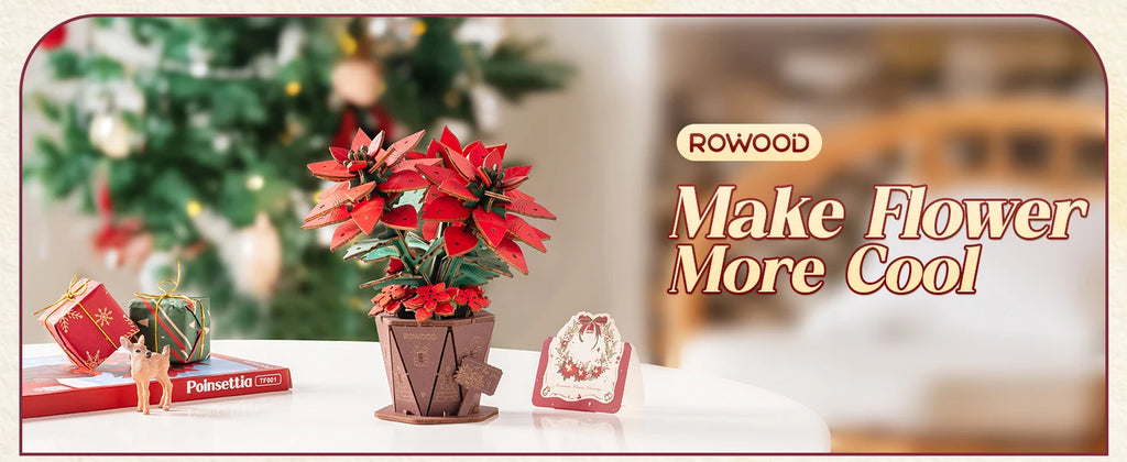 Rolife Artificial Flower Wooden 3D Puzzle Poinsettia DIY Model Building Kit for Home Decor Mother's Day Valentine's Day Gifts