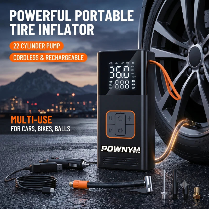 POWNYM Cordless Portable Tire Air Pump, 150PSI Wireless Inflator with Pressure Gauge & LED Light, Multi Adapters, Jump Starter for Auto Bike & Inflatable Balls