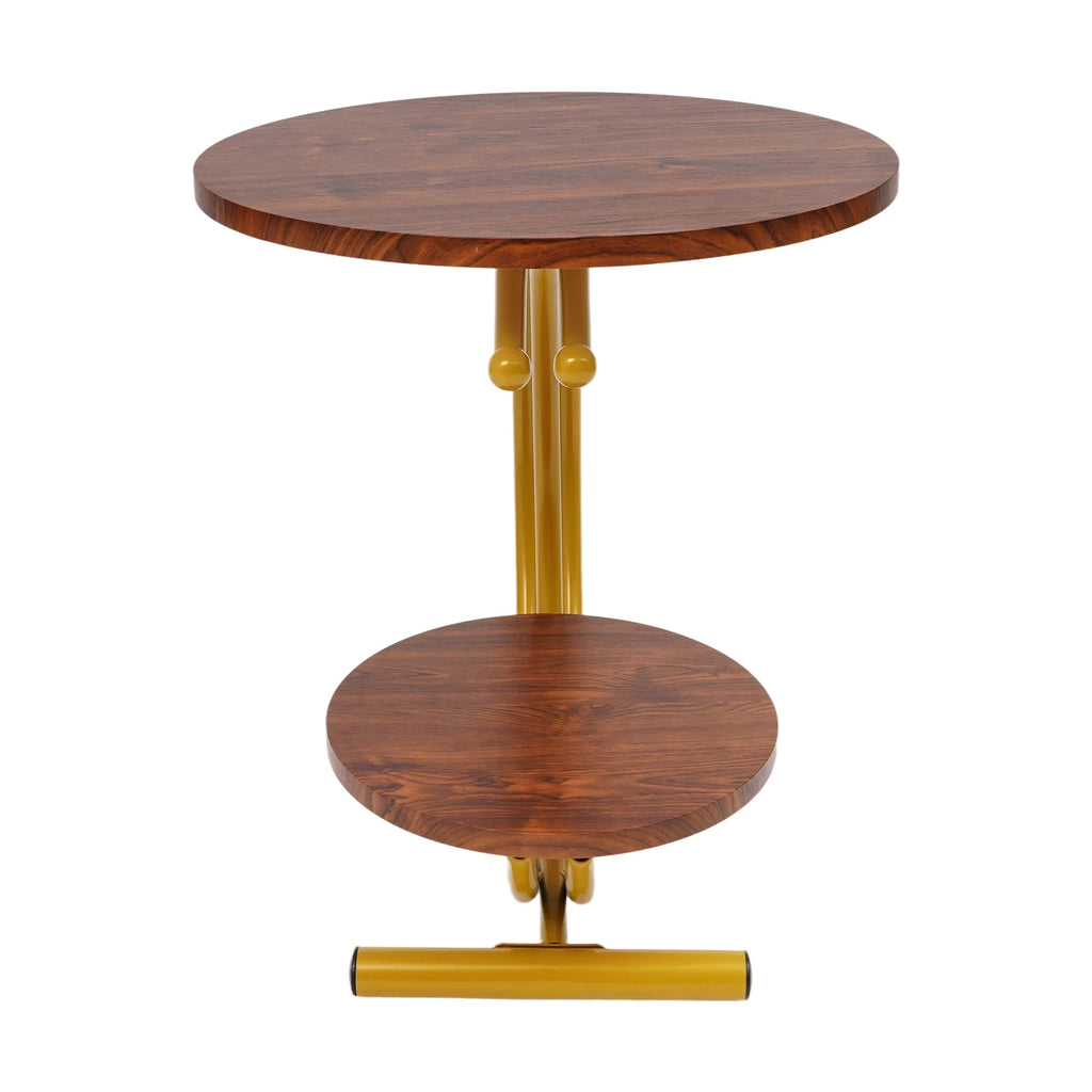 Clearance Sale 2-Tier Round End Table 55x55x60cm Gold Walnut with Storage Shelf Metal Frame Side Table with Hardware for Living Room Bedroom Office Home Decor