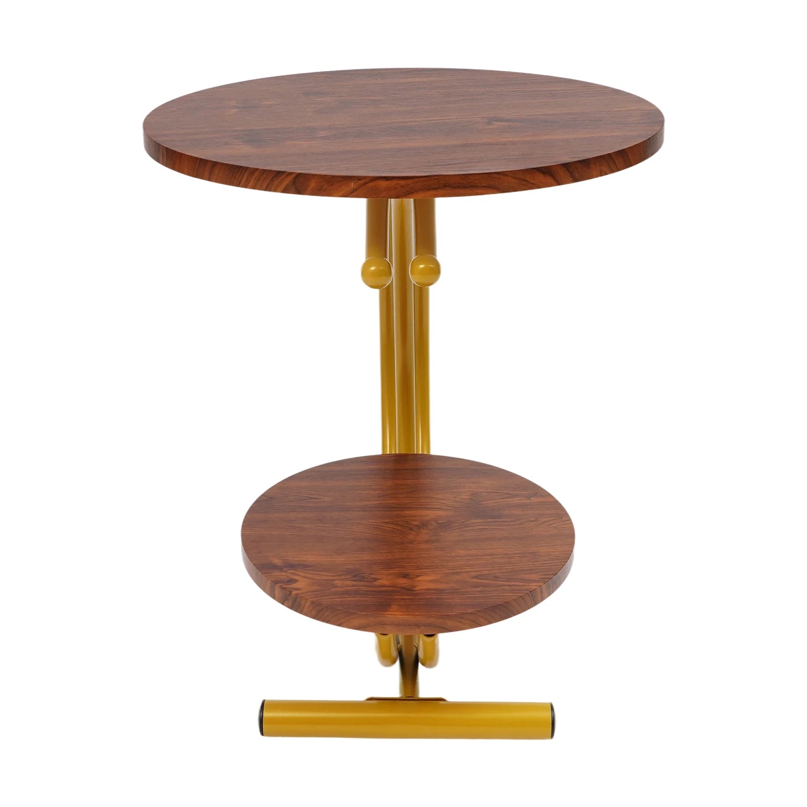 Clearance Sale 2-Tier Round End Table 55x55x60cm Gold Walnut with Storage Shelf Metal Frame Side Table with Hardware for Living Room Bedroom Office Home Decor