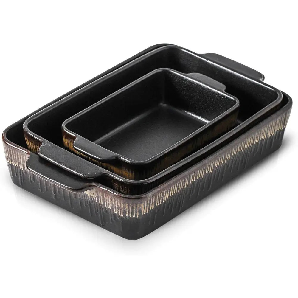 3-Piece Bakeware Set, 20x30 cm Casserole Pan, Cooking and Baking Dinnerware, Black Stripe Design