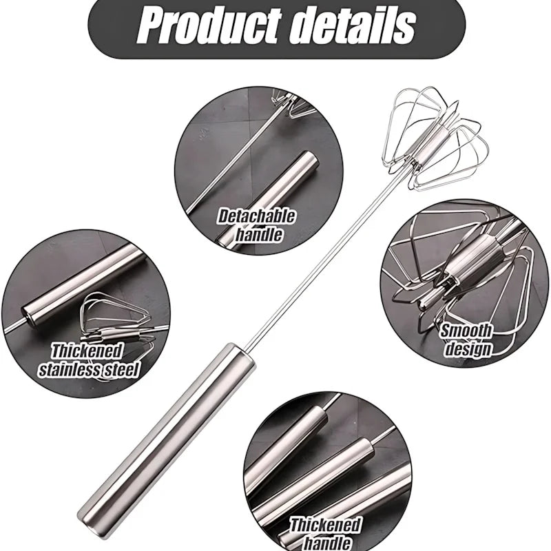 32×6cm Semi-Automatic Stainless Steel Whisk - Thickened Detachable Handle Egg Beater, Smooth Rotating Design for Baking