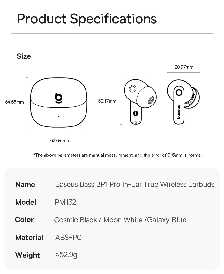 Baseus Bass BP1 Pro -50dB Noise Cancelling Wireless Earbuds Bluetooth 6.0 LDAC Hi-Res Sound 6-Mic AI Clear Calls IP55 Earphones