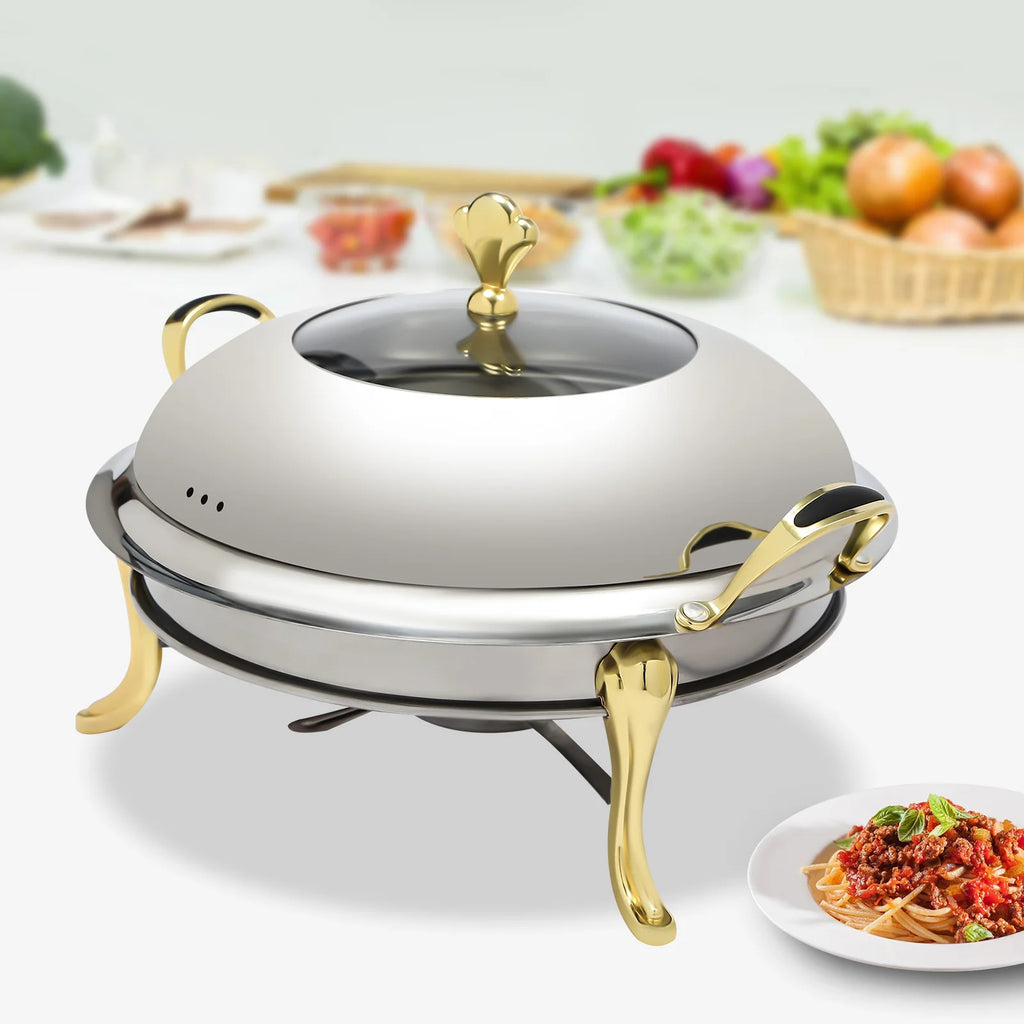 2.5L/2.64QT Round Chafing Dish Buffet Set Stainless Steel Servers Warmers with Visible Window & Fuel Holders Warming Tray for Hotels Buffets Restaurants Family Gatherings 36*36*23cm
