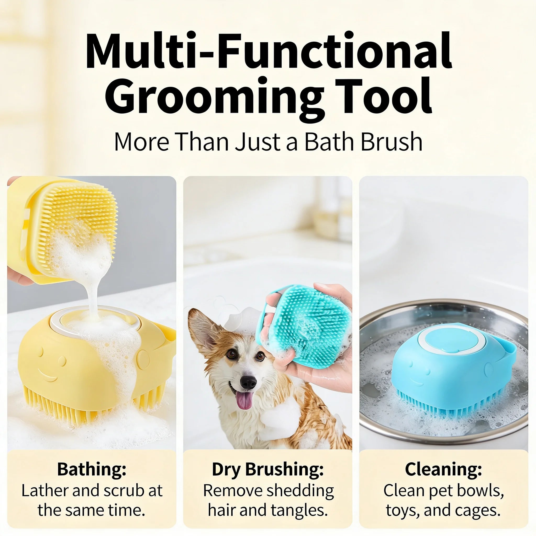 2-In-1 Pet Bath & Massage Brush With Shampoo Storage Silicone Dog Cat Grooming Tool For Puppy Kitten Sensitive Skin