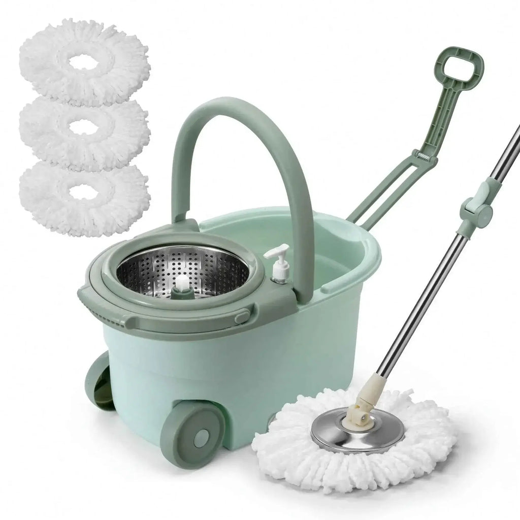 Spin Mop Bucket Set with Soap Dispenser 360°Rotating 2 Microfiber Heads 61" Adjustable Stainless Steel Handle 20QT Floor Cleaner