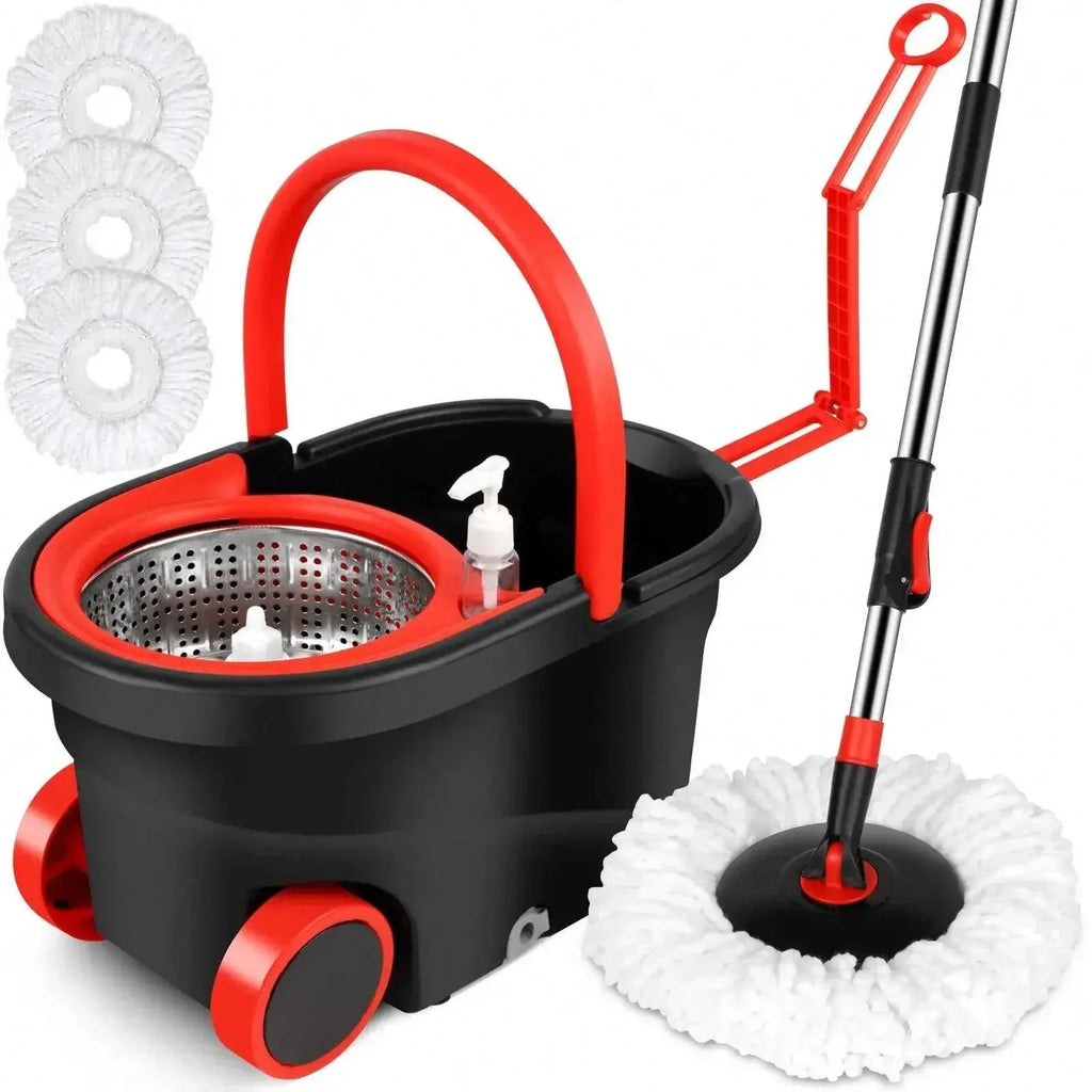 Spin Mop Bucket Set with Soap Dispenser 360°Rotating 2 Microfiber Heads 61" Adjustable Stainless Steel Handle 20QT Floor Cleaner