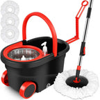 Spin Mop Bucket Set with Soap Dispenser 360°Rotating 2 Microfiber Heads 61" Adjustable Stainless Steel Handle 20QT Floor Cleaner
