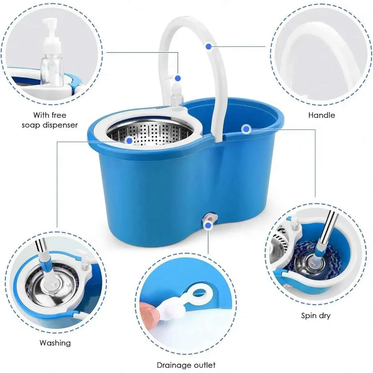 Spin Mop Bucket Set with Soap Dispenser 360°Rotating 2 Microfiber Heads 61" Adjustable Stainless Steel Handle 20QT Floor Cleaner