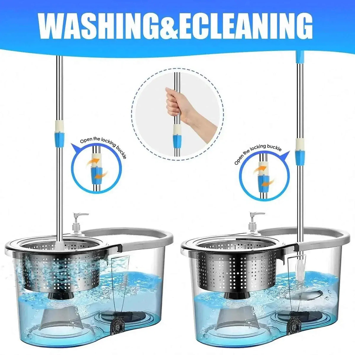 Spin Mop Bucket Set with Soap Dispenser 360°Rotating 2 Microfiber Heads 61" Adjustable Stainless Steel Handle 20QT Floor Cleaner