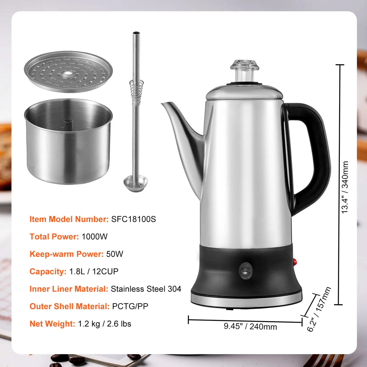 SucceBuy 12-Cup Electric Percolator Coffee Pot 304 Stainless Steel Coffee Percolator with Keep Warm Function - 1.8L