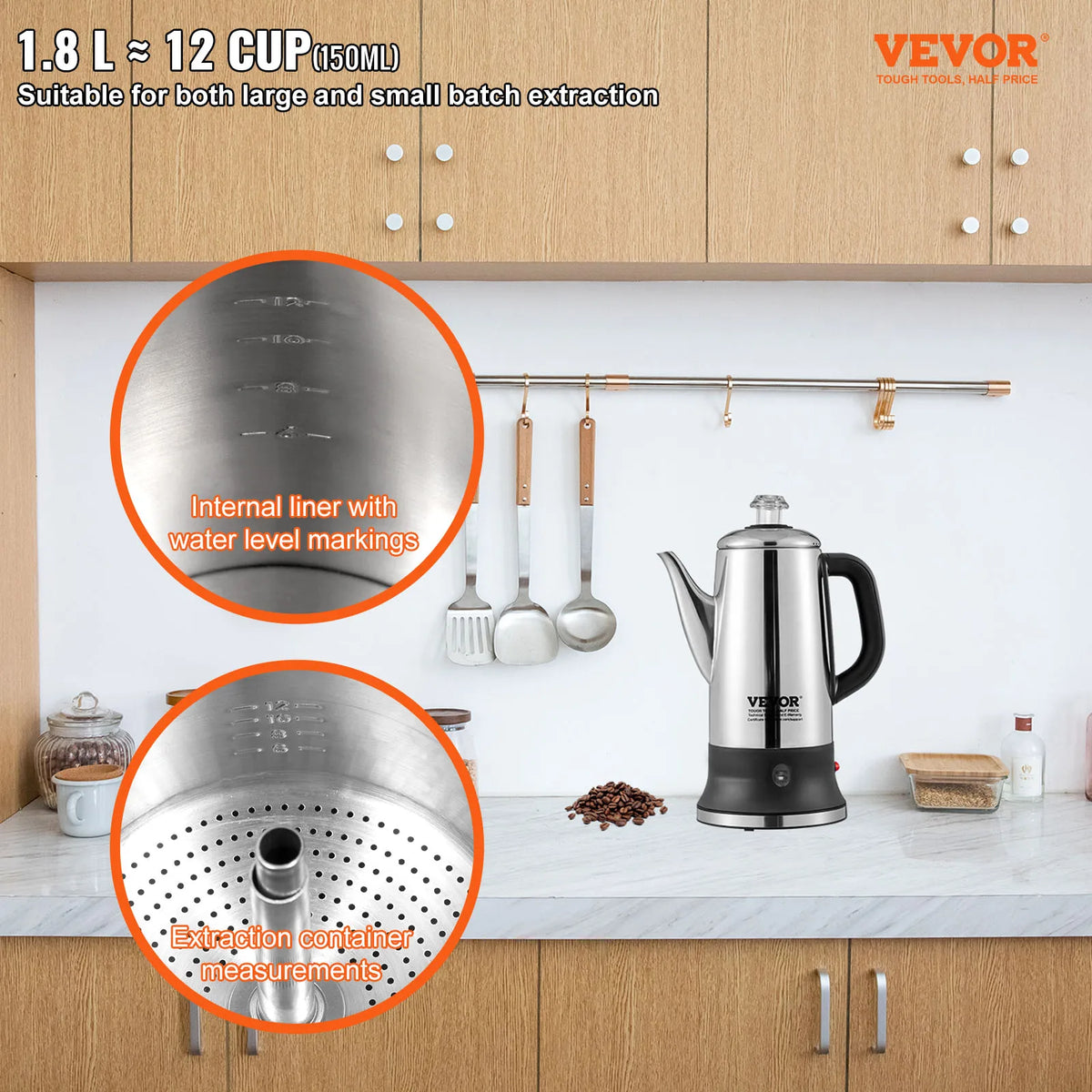 SucceBuy 12-Cup Electric Percolator Coffee Pot 304 Stainless Steel Coffee Percolator with Keep Warm Function - 1.8L