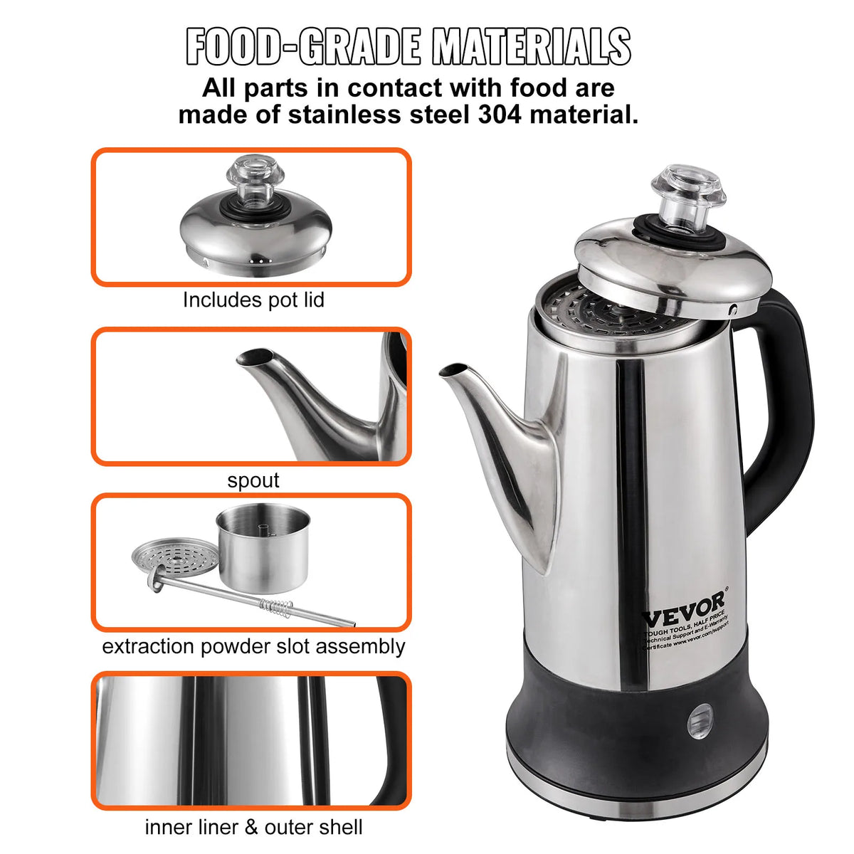 SucceBuy 12-Cup Electric Percolator Coffee Pot 304 Stainless Steel Coffee Percolator with Keep Warm Function - 1.8L