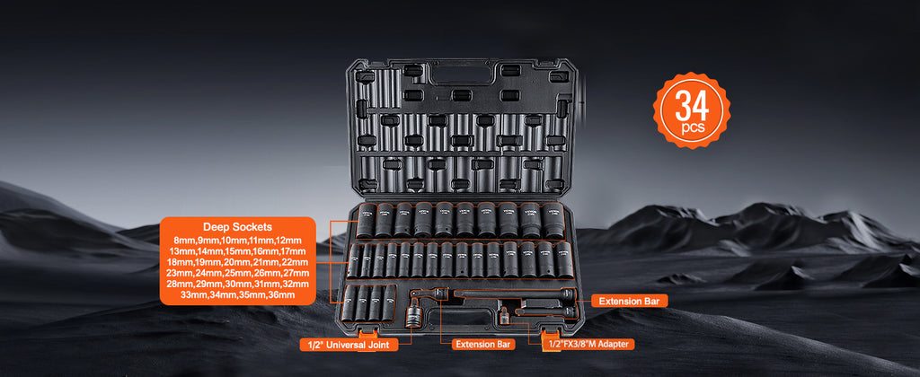 SucceBuy 1/2’’ 3/8’’ Drive Impact Socket Set 23/33/34/48/65 PCs Deep Socket Set SAE Metric Cr-V Cr-Mo Alloy Steel