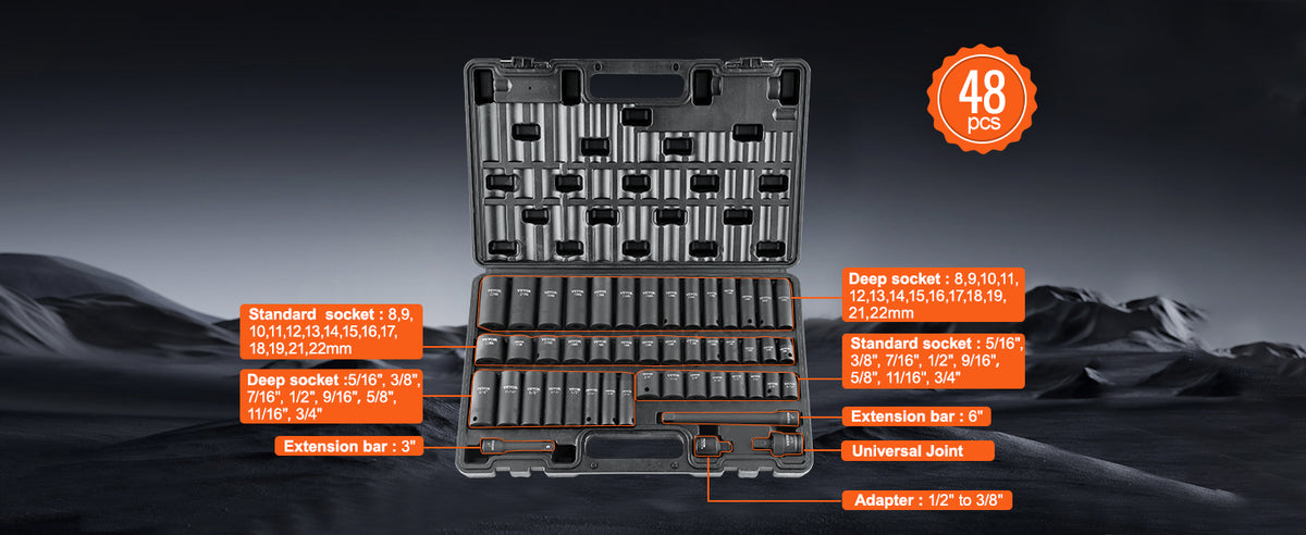 SucceBuy 1/2’’ 3/8’’ Drive Impact Socket Set 23/33/34/48/65 PCs Deep Socket Set SAE Metric Cr-V Cr-Mo Alloy Steel