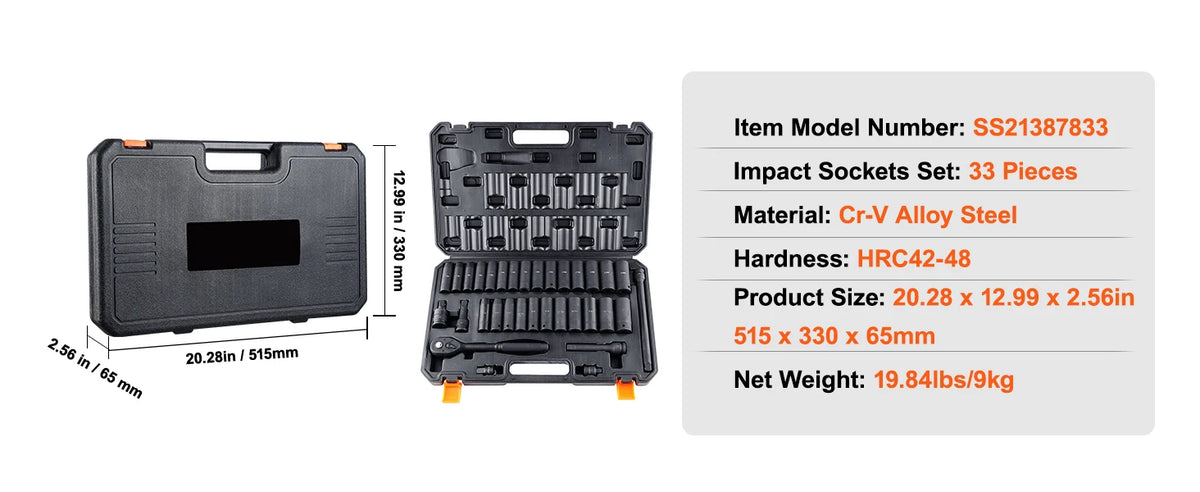 SucceBuy 1/2’’ 3/8’’ Drive Impact Socket Set 23/33/34/48/65 PCs Deep Socket Set SAE Metric Cr-V Cr-Mo Alloy Steel