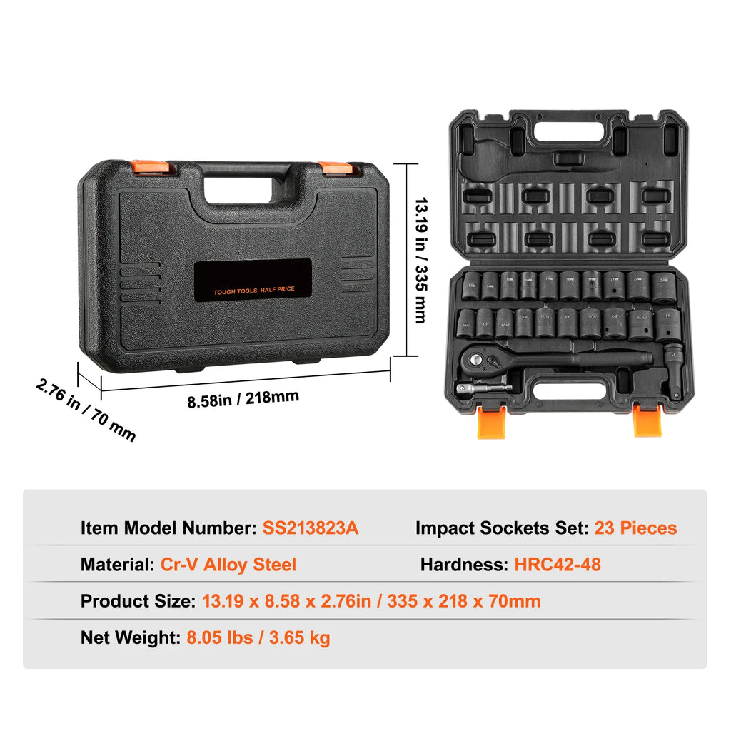 SucceBuy 1/2’’ 3/8’’ Drive Impact Socket Set 23/33/34/48/65 PCs Deep Socket Set SAE Metric Cr-V Cr-Mo Alloy Steel