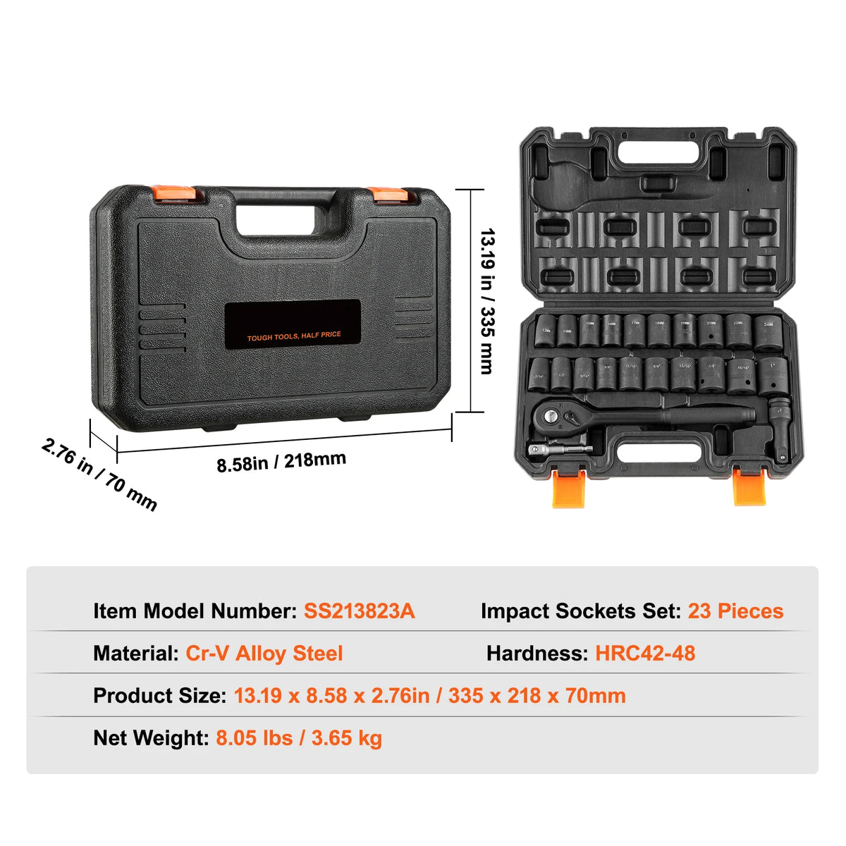 SucceBuy 1/2’’ 3/8’’ Drive Impact Socket Set 23/33/34/48/65 PCs Deep Socket Set SAE Metric Cr-V Cr-Mo Alloy Steel