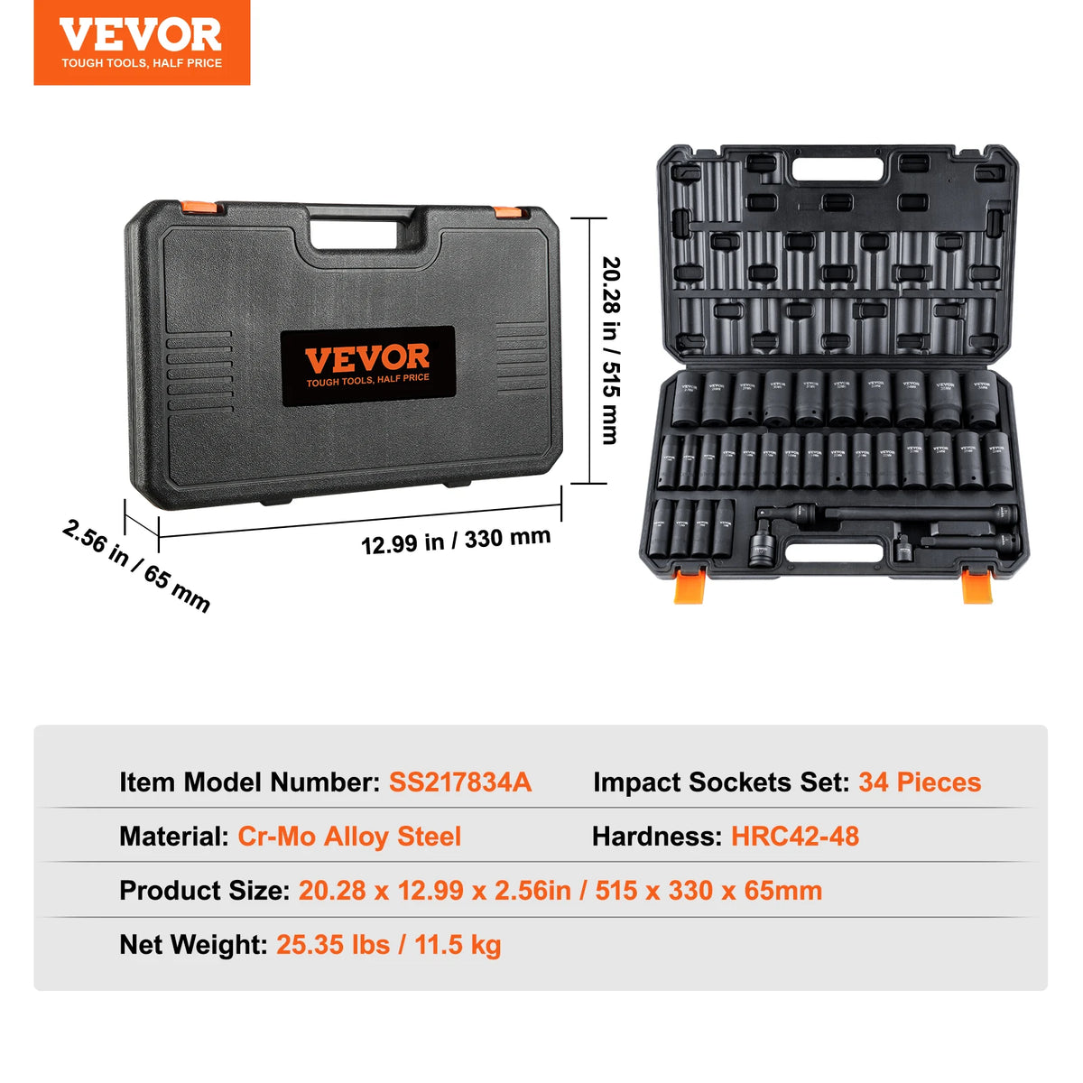 SucceBuy 1/2’’ 3/8’’ Drive Impact Socket Set 23/33/34/48/65 PCs Deep Socket Set SAE Metric Cr-V Cr-Mo Alloy Steel