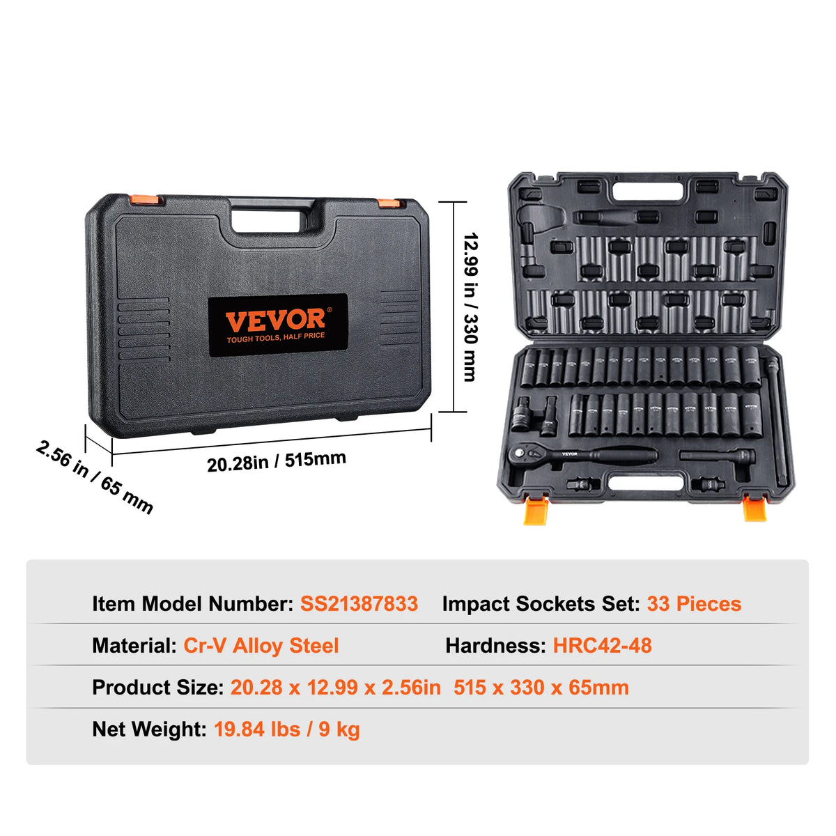 SucceBuy 1/2’’ 3/8’’ Drive Impact Socket Set 23/33/34/48/65 PCs Deep Socket Set SAE Metric Cr-V Cr-Mo Alloy Steel