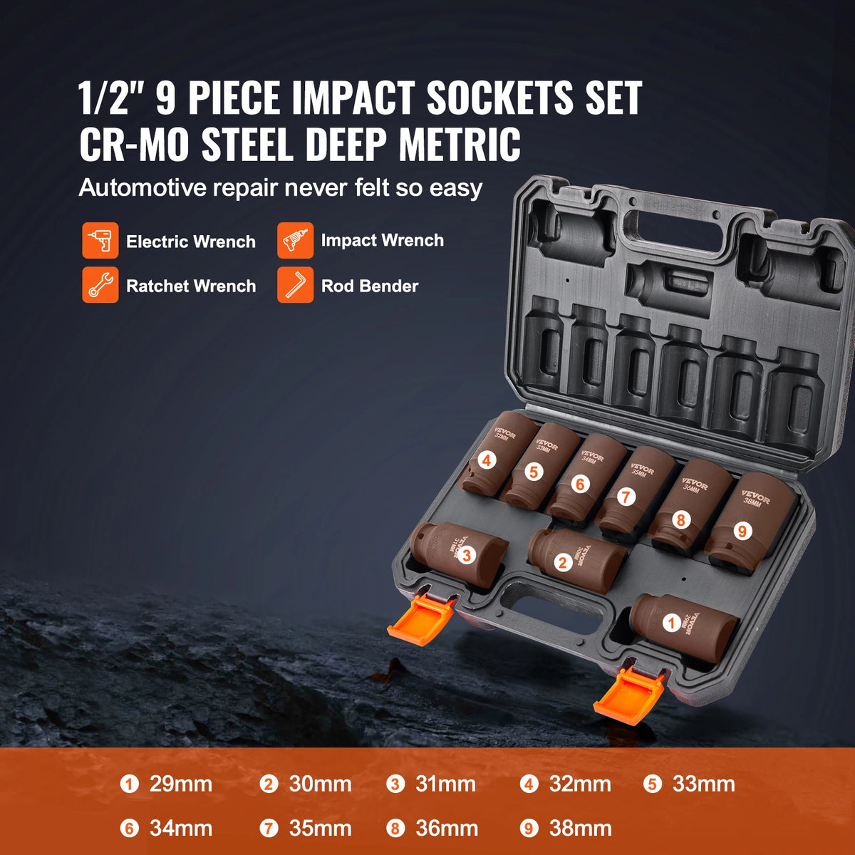 SucceBuy 1/2’’ Drive Impact Socket Set 9 Piece Deep Socket Set Metric 29-38mm 6 Point Cr-Mo Alloy Steel for Auto Repair