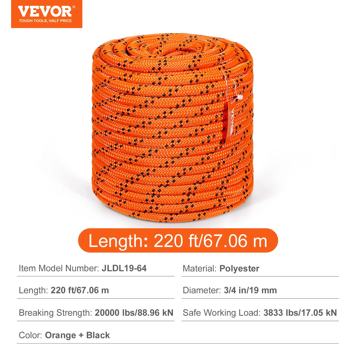 SucceBuy 220ft Dual-Weave Polyester Rope 48-Strand Outdoor Accessories Emergency Cord for Camping Swinging Rappelling