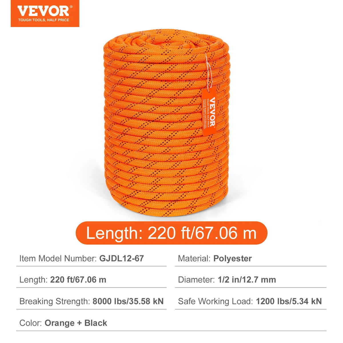 SucceBuy 220ft Dual-Weave Polyester Rope 48-Strand Outdoor Accessories Emergency Cord for Camping Swinging Rappelling