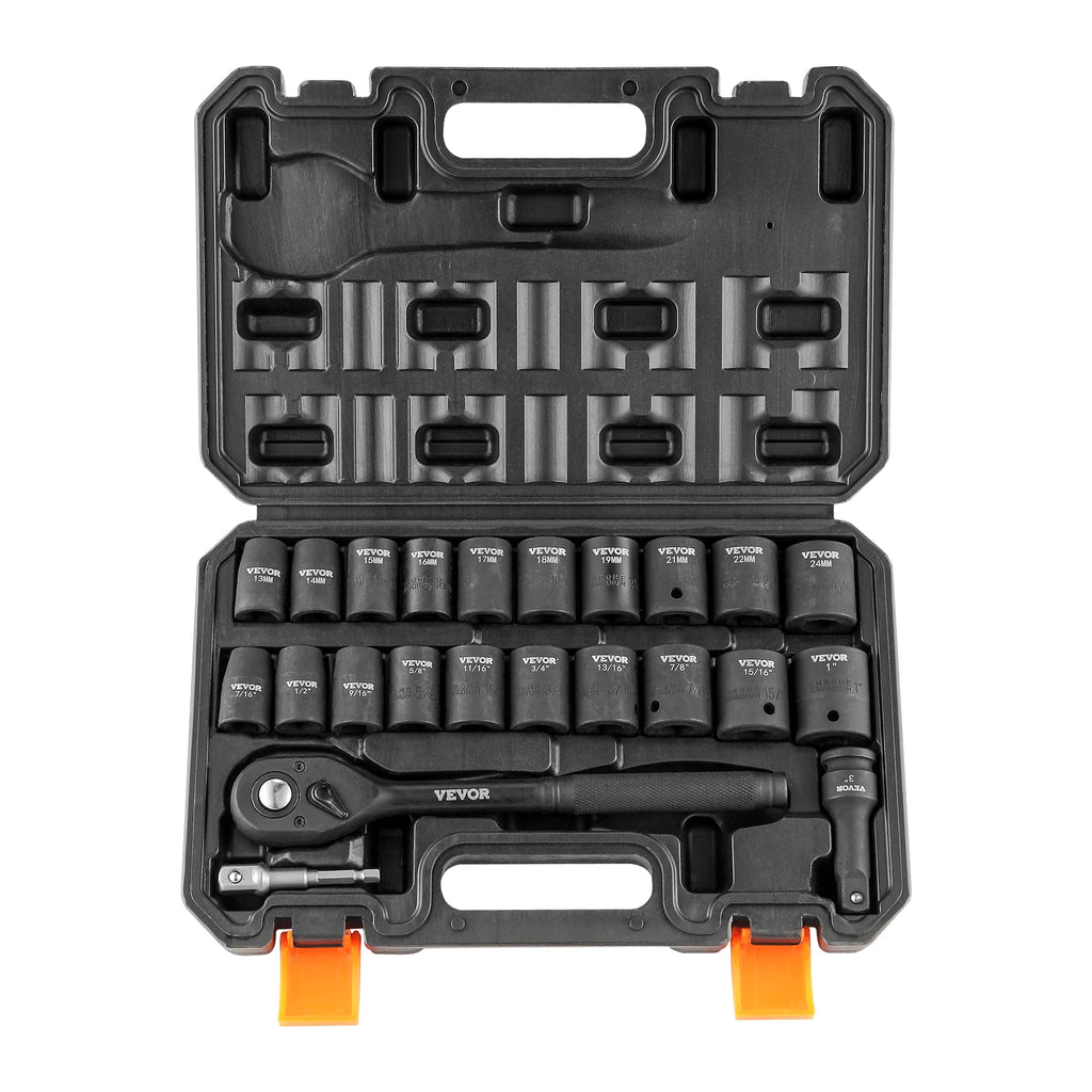 SucceBuy 23PCs 1/2’’ Drive Impact Socket Set Socket Set SAE (7/16’’ -1’’)& Metric (13-24mm) 6 Point Cr-V Alloy Steel