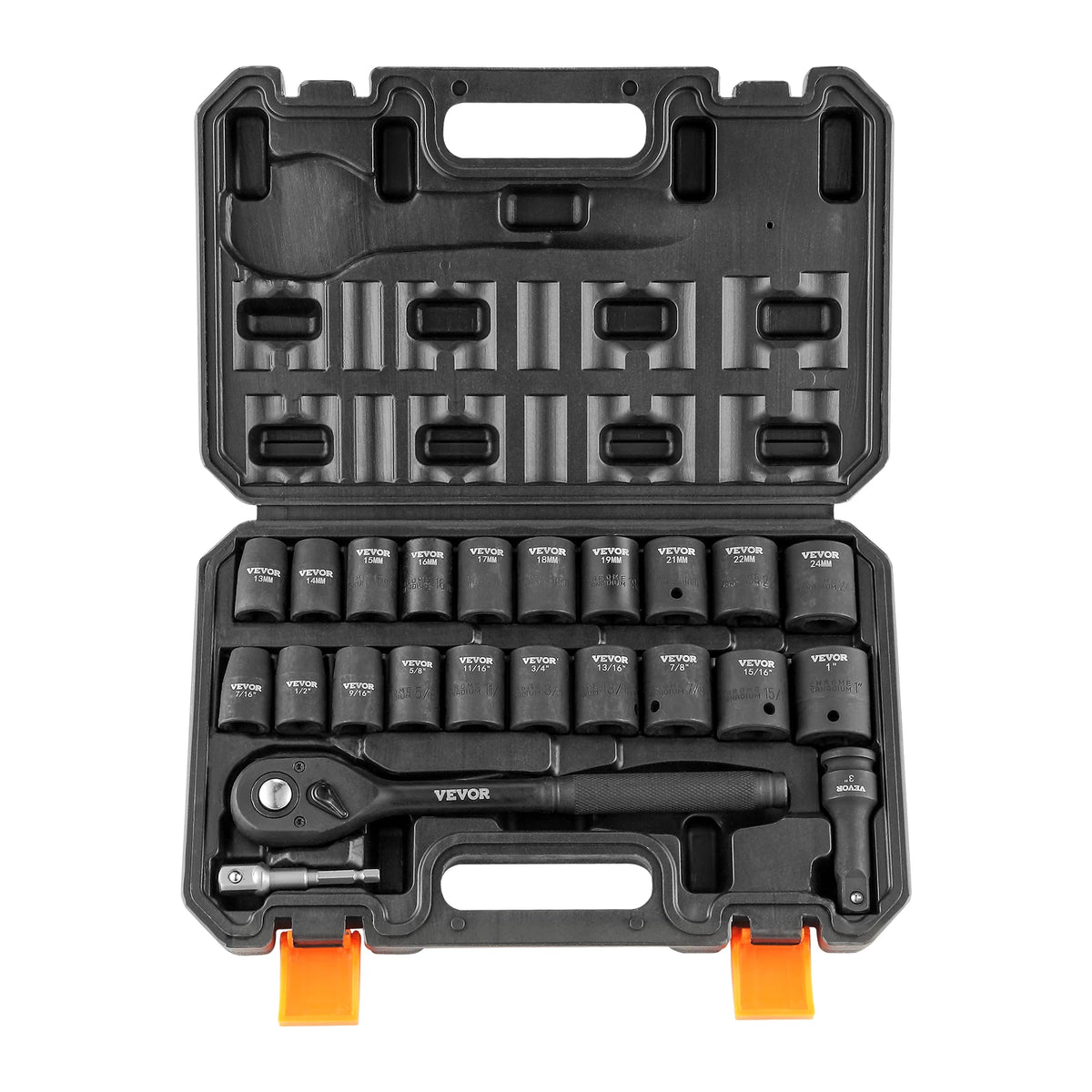 SucceBuy 23PCs 1/2’’ Drive Impact Socket Set Socket Set SAE (7/16’’ -1’’)& Metric (13-24mm) 6 Point Cr-V Alloy Steel