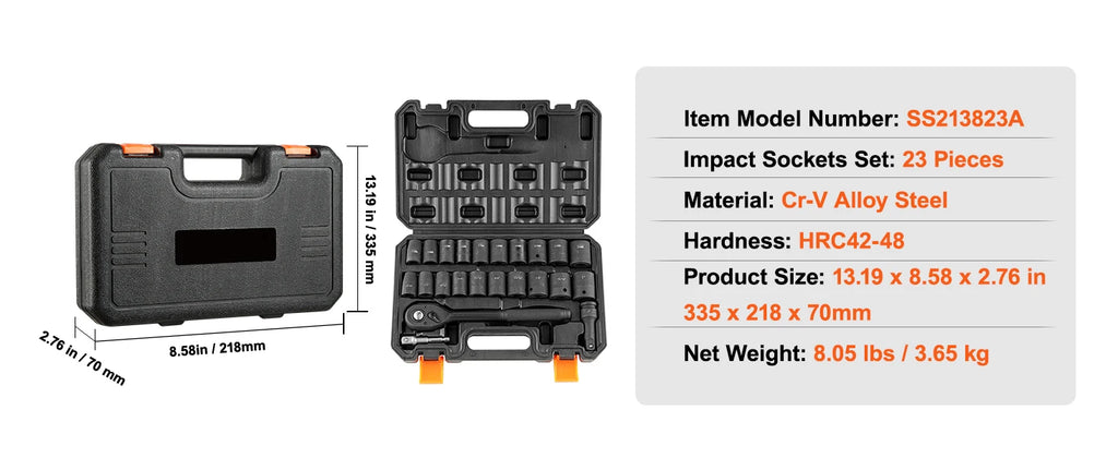 SucceBuy 23PCs 1/2’’ Drive Impact Socket Set Socket Set SAE (7/16’’ -1’’)& Metric (13-24mm) 6 Point Cr-V Alloy Steel