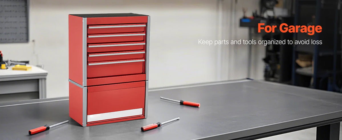 SucceBuy 5-Drawer 8.6in Metal Tool Box Red/Black Portable Small Tool Chest with PP Feet Pads for Garage Workshop Tools