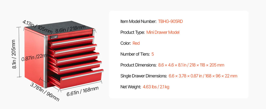 SucceBuy 5-Drawer 8.6in Metal Tool Box Red/Black Portable Small Tool Chest with PP Feet Pads for Garage Workshop Tools