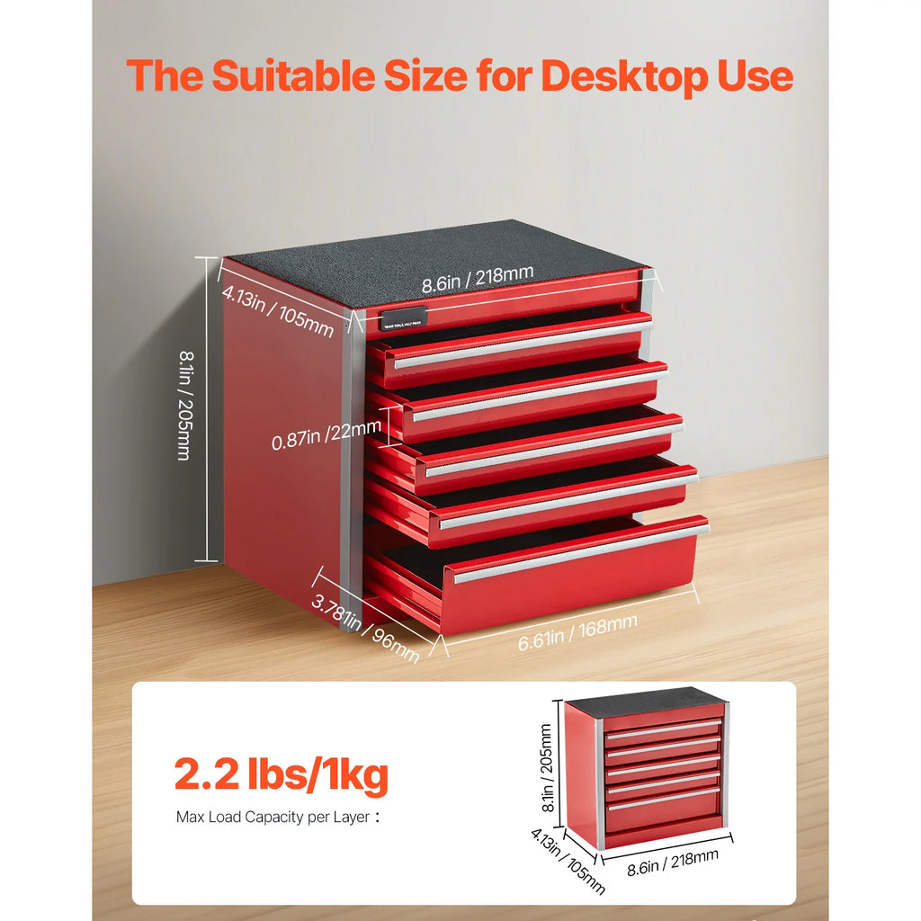 SucceBuy 5-Drawer 8.6in Metal Tool Box Red/Black Portable Small Tool Chest with PP Feet Pads for Garage Workshop Tools