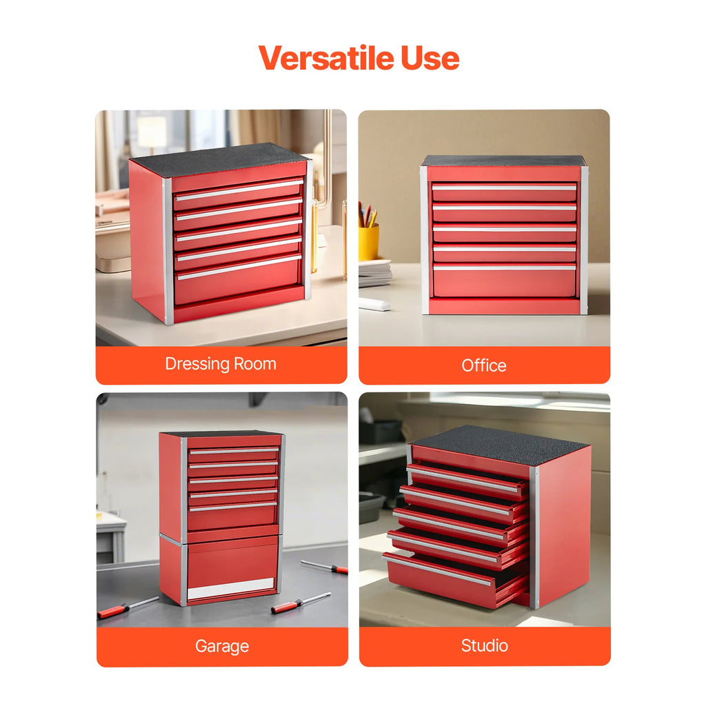 SucceBuy 5-Drawer 8.6in Metal Tool Box Red/Black Portable Small Tool Chest with PP Feet Pads for Garage Workshop Tools