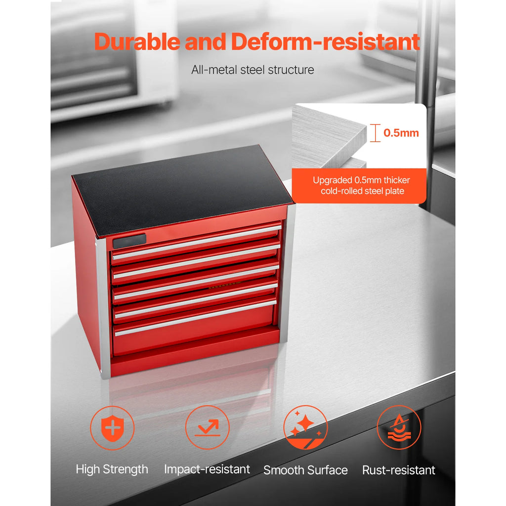 SucceBuy 5-Drawer 8.6in Metal Tool Box Red/Black Portable Small Tool Chest with PP Feet Pads for Garage Workshop Tools