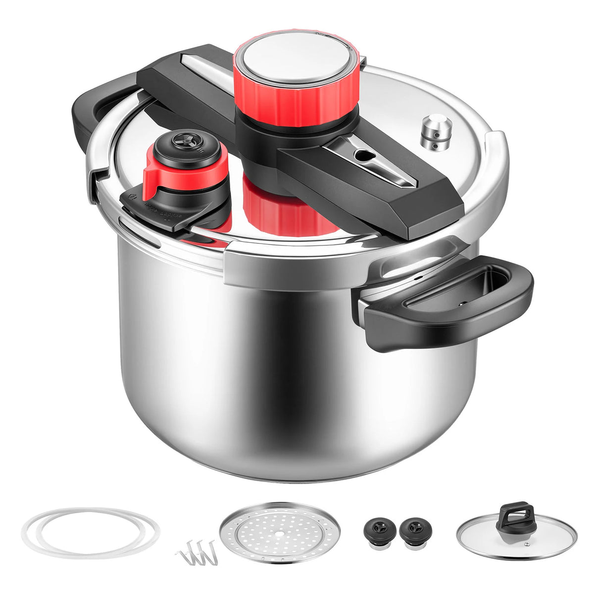 SucceBuy 6.3 8 10 12 Qt Pressure Cooker Stainless Steel Pressures Canner with Steaming Rack Tempered Glass Lid for Meat
