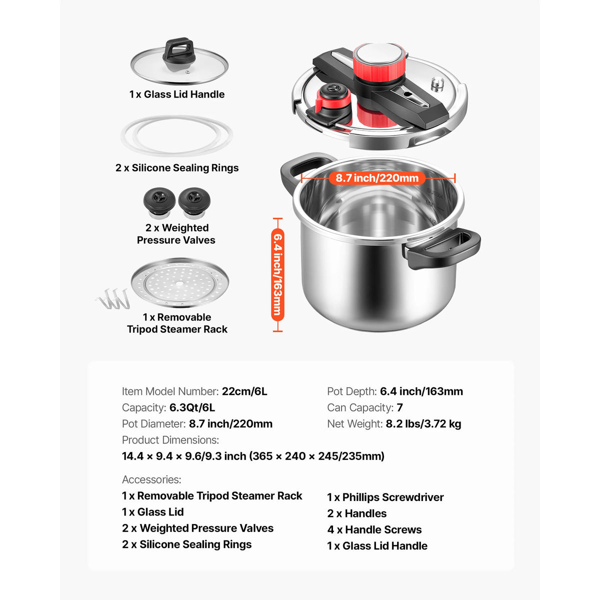 SucceBuy 6.3 8 10 12 Qt Pressure Cooker Stainless Steel Pressures Canner with Steaming Rack Tempered Glass Lid for Meat