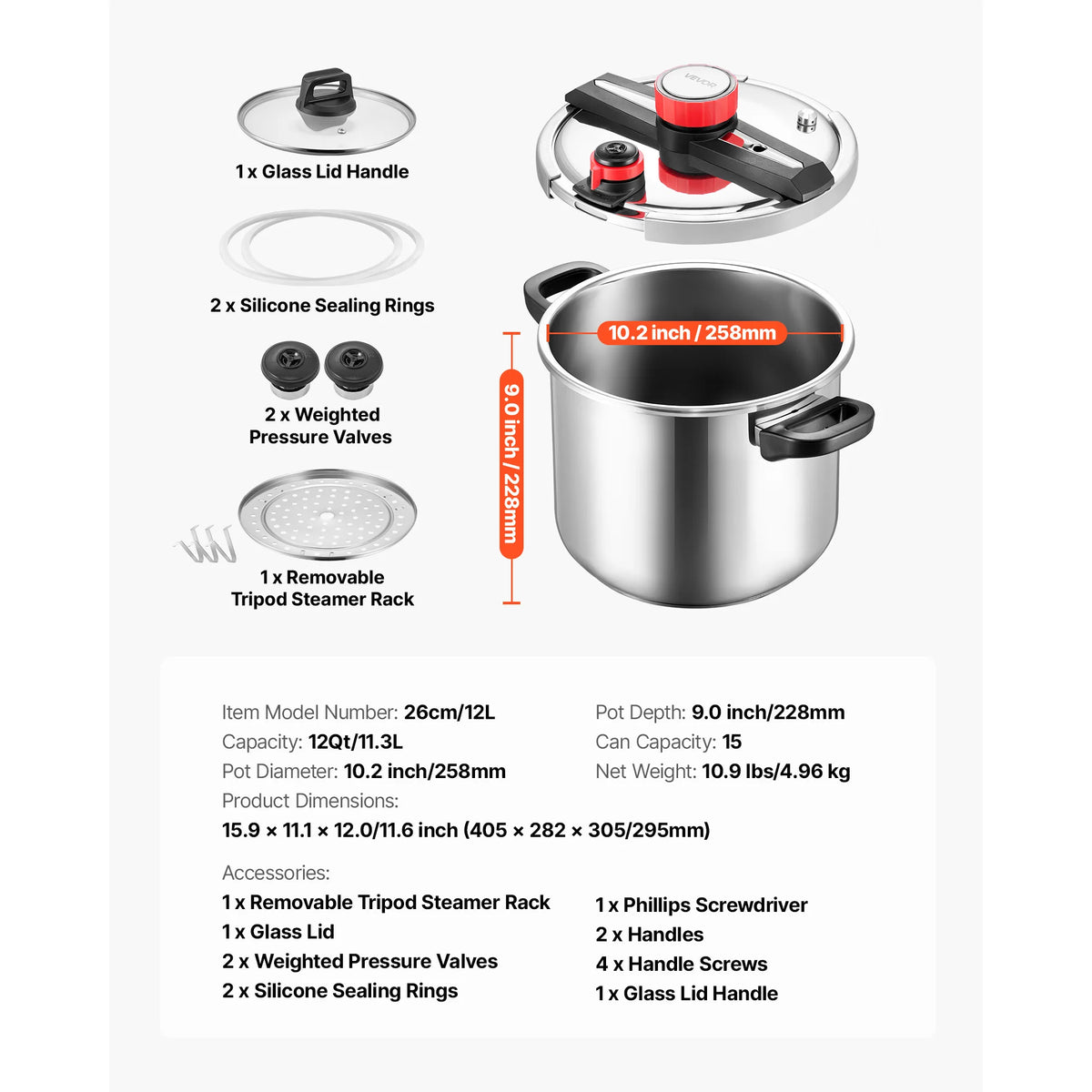 SucceBuy 6.3 8 10 12 Qt Pressure Cooker Stainless Steel Pressures Canner with Steaming Rack Tempered Glass Lid for Meat