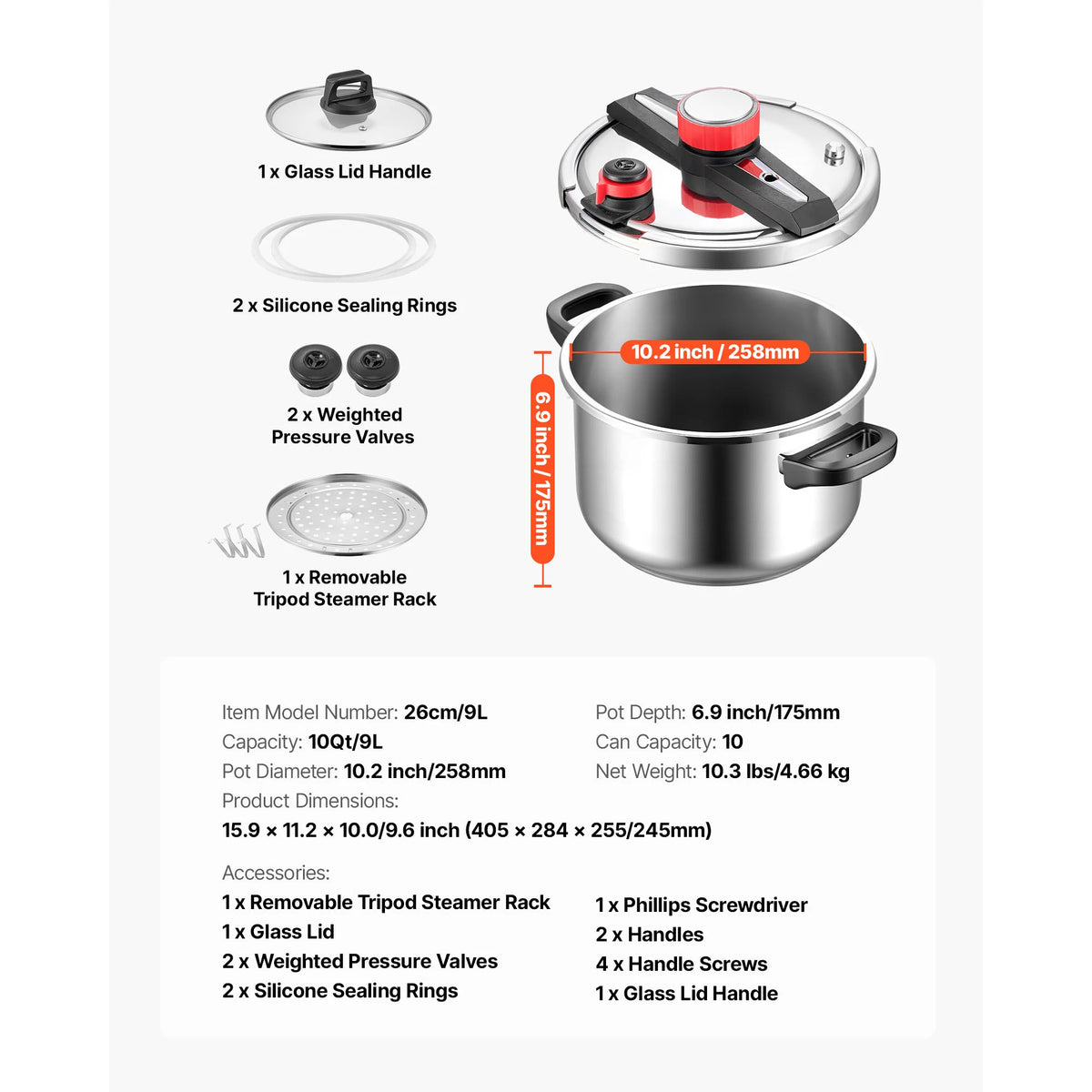 SucceBuy 6.3 8 10 12 Qt Pressure Cooker Stainless Steel Pressures Canner with Steaming Rack Tempered Glass Lid for Meat