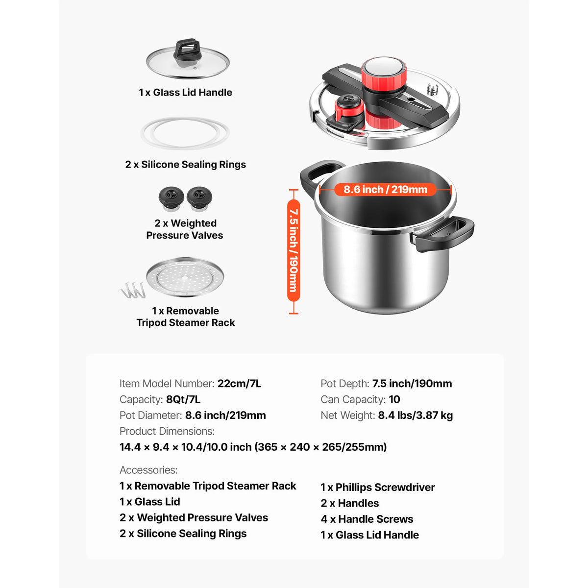 SucceBuy 6.3 8 10 12 Qt Pressure Cooker Stainless Steel Pressures Canner with Steaming Rack Tempered Glass Lid for Meat