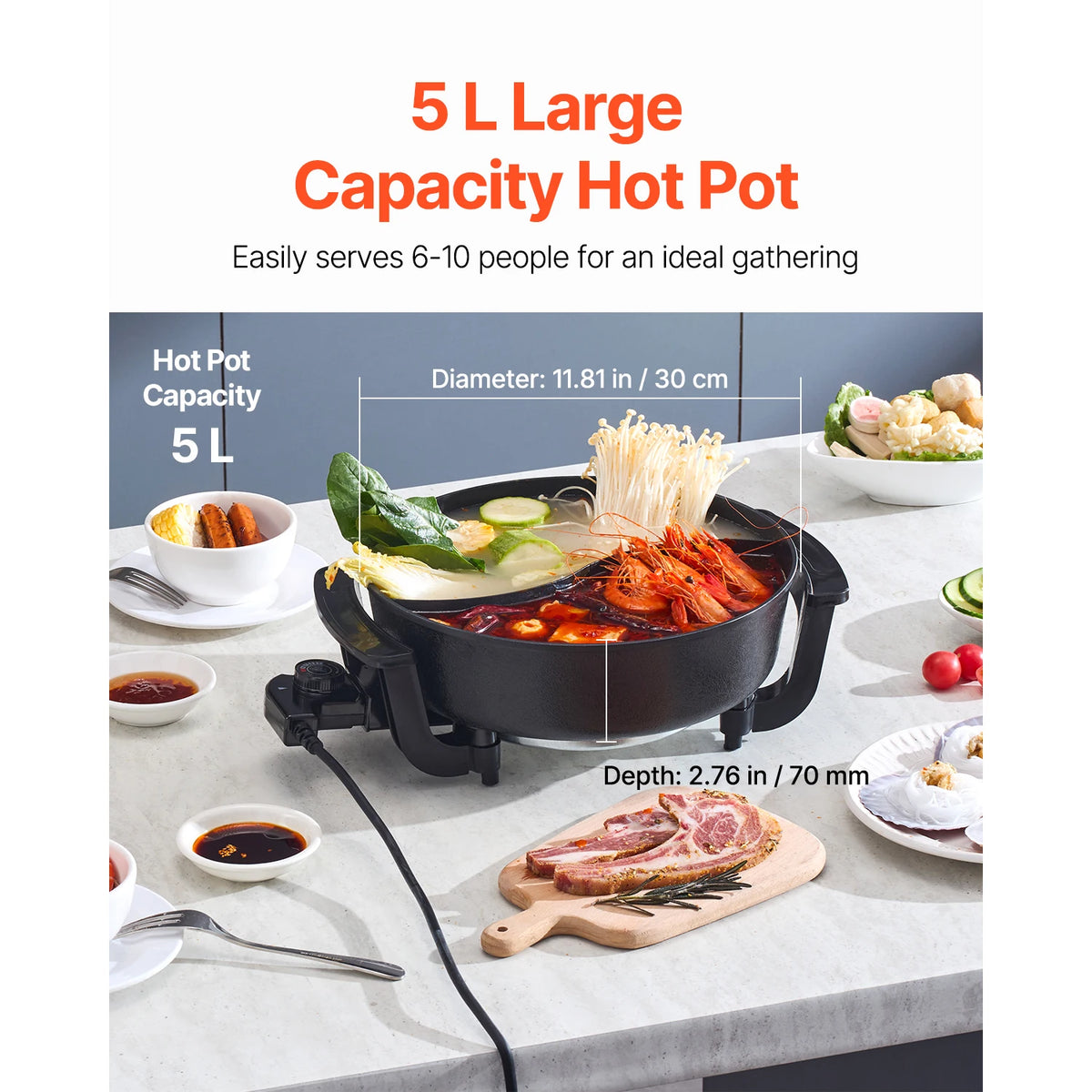 SucceBuy Electric Hot Pot 5 L Double-flavor Shabu Shabu Pot Non-Stick Electric Cooker with Divider Glass Lid for 6-10